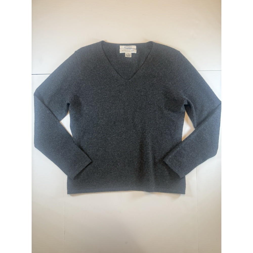 Pursuits LTD Women's Long Sleeve Grey V-Neck CASHMERE Fuzzy Pullover Sweater Med